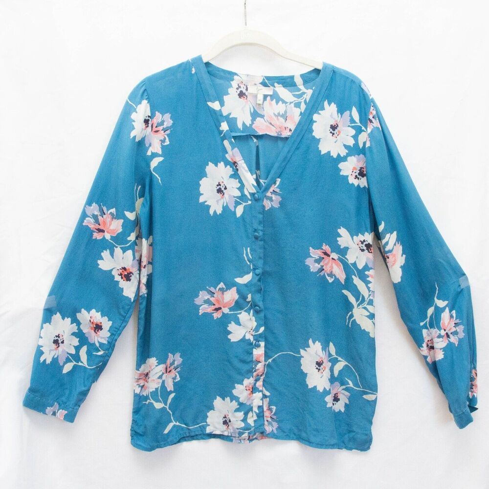 Joie Amarant Womens Sz M Floral Silk Baby Blue Cottage-Core Button Up Blouse Top